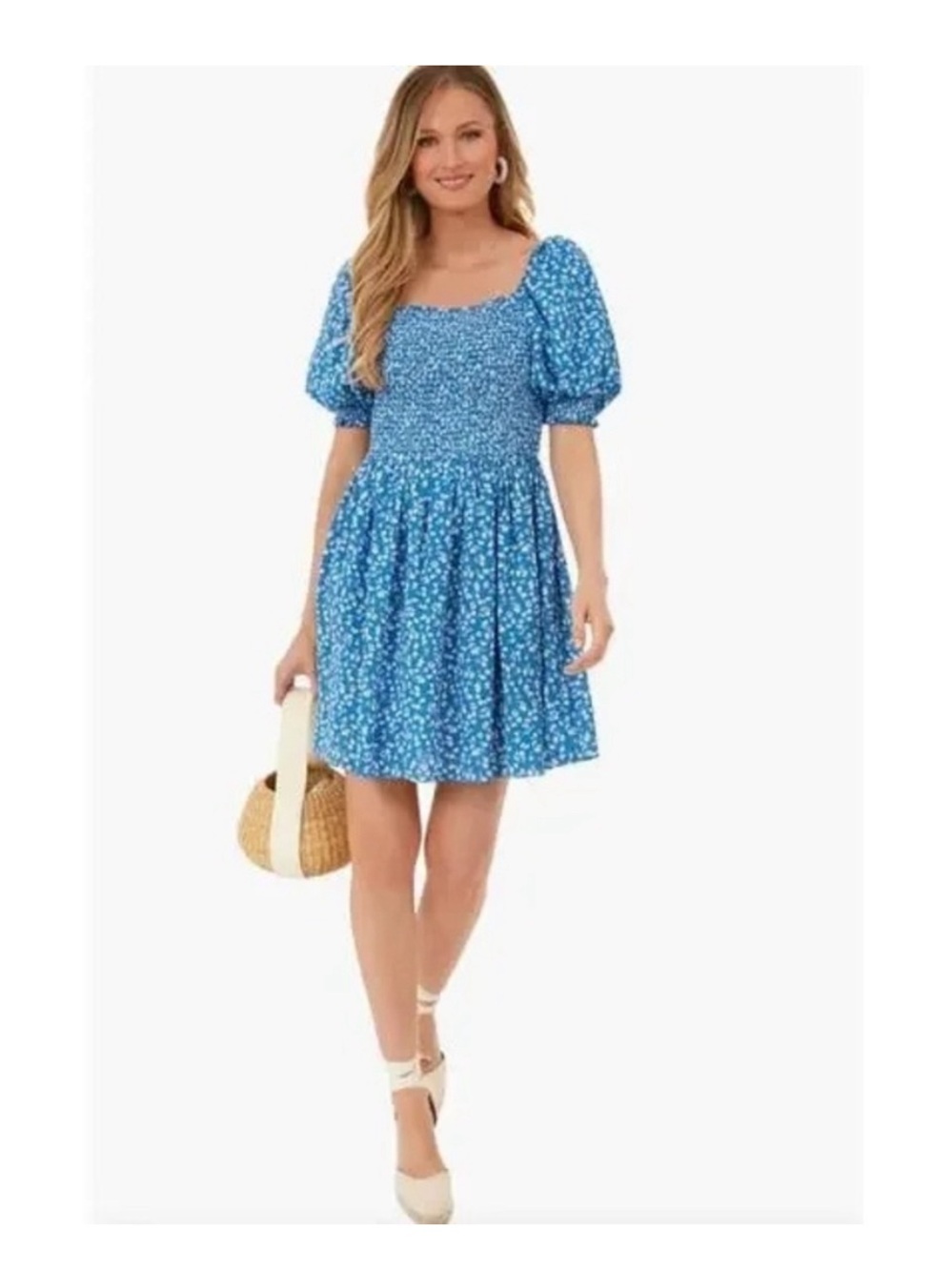 Tuckernuck Hyacinth House Smocked Puff-Sleeve Mini Dress in Blue Floral